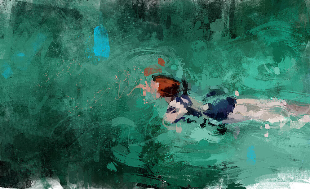 Swimming figures painted by Colombian illustrator and painter Pedro Covo. Covo splendidly captures the obscuring nature of water as splashes are rendered in frenetic splatters of paint.