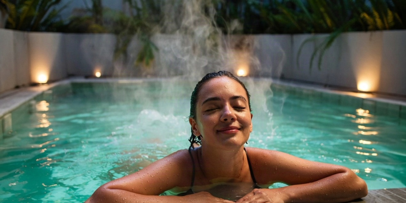 A person relaxing in a heated backyard swimming pool with visible steam rising from the water during the evening, illustrating the comfort and benefits of pool heating for extending the swimming season.